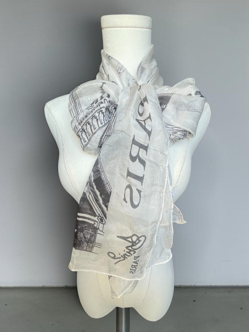 Paris 100% Silk Sheer Landmark Print Oblong Scarf Black Ivory 20x70 - Picture 3 of 14